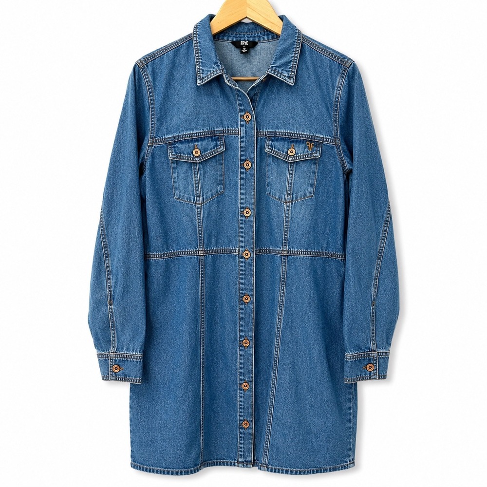 Frye Womens Denim Shirt Dress XL Blue Cotton Long Sleeve Button Down Pockets NEW